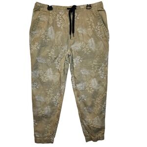 Plugg Unleashed Mens Joggers Large Khaki Tan Tropical Leaf Print Stretch Pants